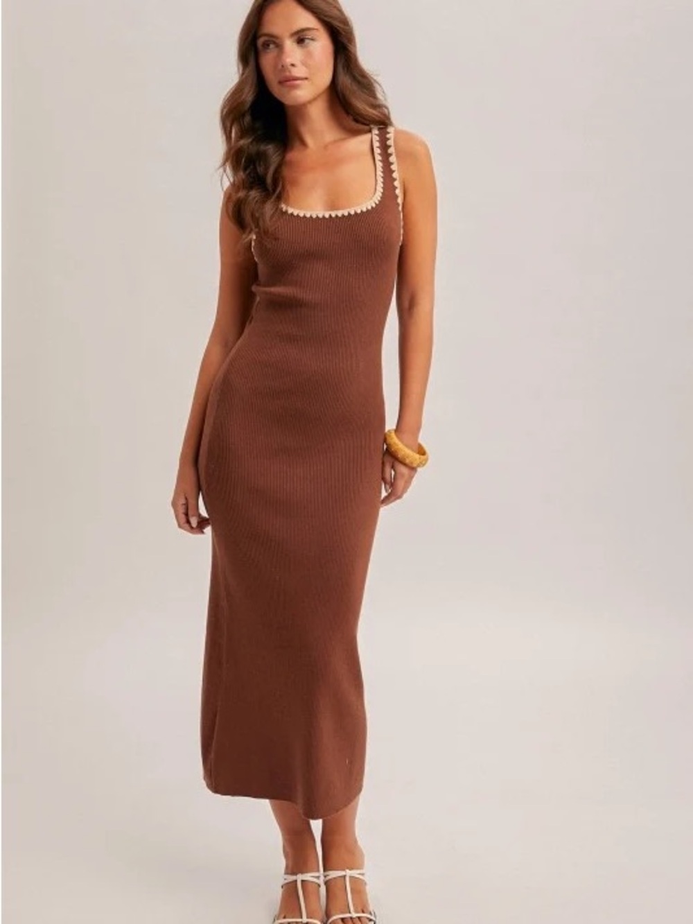 GLG Brown Ribbed Midi Dress with Cream Trim NWT size Medium